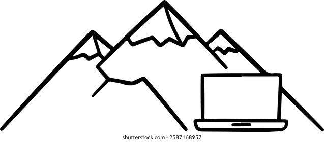 Simple Outline of a Mountain with a Laptop in Front