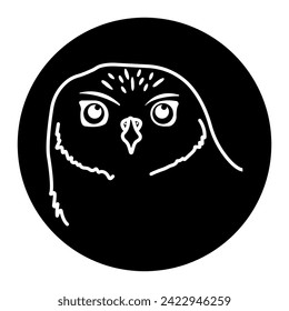 Simple outline night bird owl face. Owl face minimalist silhouette simple sign. Wild forest birds. Animal head Hand drawn, isolated, vector, art, illustration