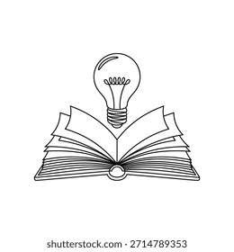 Un contorno simple de un libro abierto que soporta un icono de bombilla brillante.