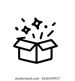 Simple Outline Open Gift Box Surprise with Sparkling Stars Icon