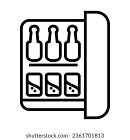 Simple outline of open minibar with alcoholic drinks vector icon. Black line drawing or cartoon illustration of bottles and cans in cupboard or fridge on white background. Beverage, alcohol concept
