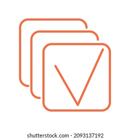 Icono cuadrado simple de contorno naranja con marca de verificación en el interior. Signo mínimo moderno vectorial de color