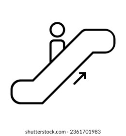 Simple outline of person on escalator going up vector icon. Black line drawing or cartoon illustration of shopping mall sign on white background. Navigation, direction, motion concept