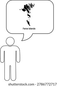 A simple outline of a person with a speech bubble containing a map of the Faroe Islands