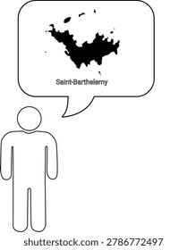 A simple outline of a person with a thought bubble above their head containing the map of Saint Barthelemy