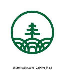 simple outline of pine trees and hills in a circle logo vector