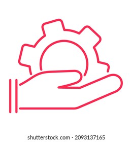 Sencillo icono rosado de una mano sosteniendo una rueda cognitiva. Signo mínimo moderno vectorial de color
