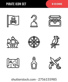 Simple Outline Pirate Element Collection Icon Set with Pirate Theme Elements