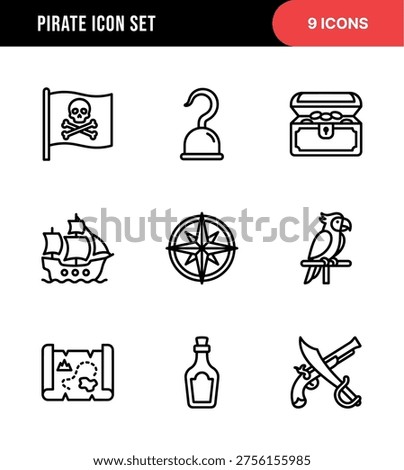 Simple Outline Pirate Element Collection Icon Set with Pirate Theme Elements