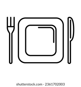 Simple outline of plate and cutlery top view vector icon. Black line drawing or cartoon illustration of fork, knife and square plate on white background. Food, cooking, tableware concept