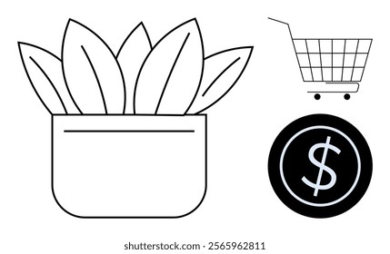 Simple outline of a potted plant with leaves, a shopping cart, and a dollar coin symbol. Ideal for home decor, gardening, shopping, budget planning, online stores. Minimalist graphic style