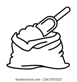 Simple outline of rag bag with groats and scoop vector icon. Black line drawing or cartoon illustration of bag with flour or rice on white background. Food, cooking concept