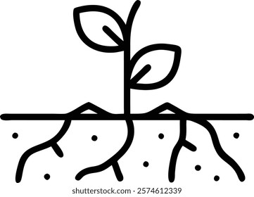 Simple Outline of a Root System Under a Small Plant - Vector Illustration.root, plant, outline, vector, illustration, minimal, system, botanical, nature, growth, agriculture, underground, biology, eco