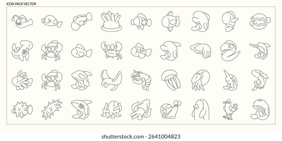 Simple Outline Sea Animals and Marine Life Icons for Educational Design