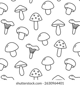 Simple outline seamless pattern of various mushrooms. Perfect for nature-themed designs, kitchen decor, children's products, eco-friendly branding, and subtle organic backgrounds.