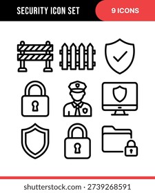 Simple Outline Security System Icon Set with Gate, Shield, and Padlock