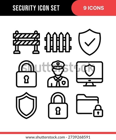Simple Outline Security System Icon Set with Gate, Shield, and Padlock