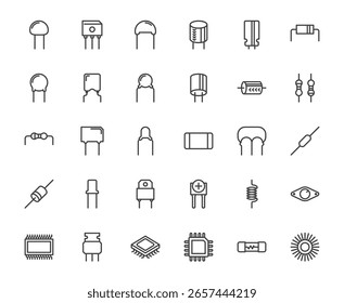 Einfacher Umriss Satz von Leiterplatten Ausrüstung Umrisssymbol wie Kondensator, Diode, Transistor und Induktor auf weißem Hintergrund, 48x48 Pixel perfekt editierbarer Strich für Website, mobile App, ux, ui
