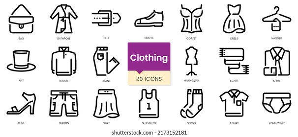 Simple Outline Set of Clothing icons. Linear style icons pack. Vector illustration