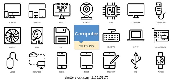 Simple Outline Set of computer icons. Linear style icons pack. Vector illustration