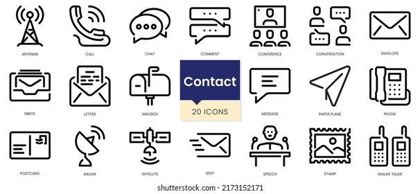 Simple Outline Set of Contact icons. Linear style icons pack. Vector illustration