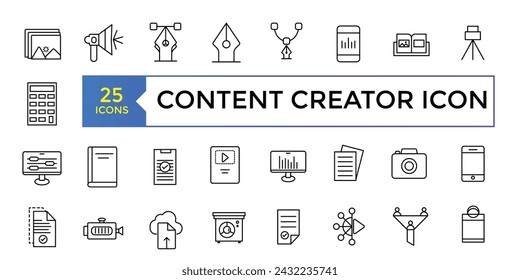 Simple Outline Set of Content Creator icons. Linear style icons pack. UI UX Icon collection