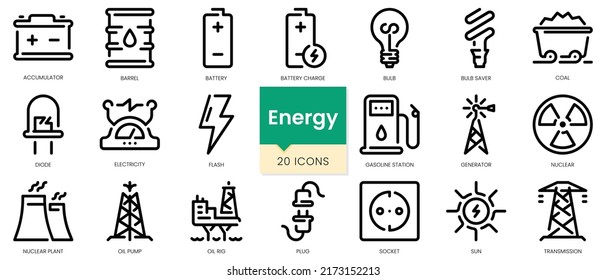 Simple Outline Set of energy icons. Linear style icons pack. Vector illustration