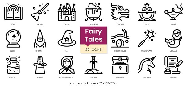 Simple Outline Set of fairy tales icons. Linear style icons pack. Vector illustration