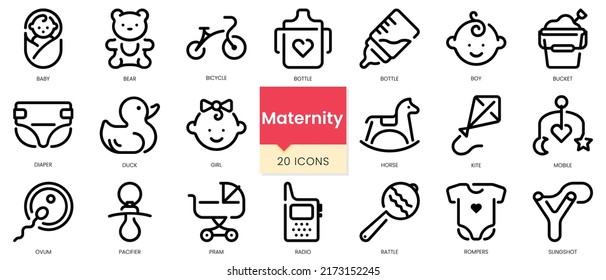 Esquema simple Conjunto de iconos de maternidad. Paquete de iconos de estilo lineal. Ilustración del vector