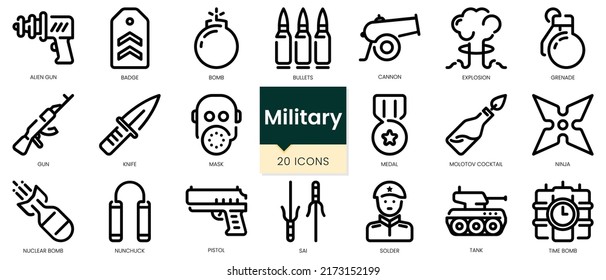 Conjunto de esquema simple de iconos militares. Paquete de iconos de estilo lineal. Ilustración del vector