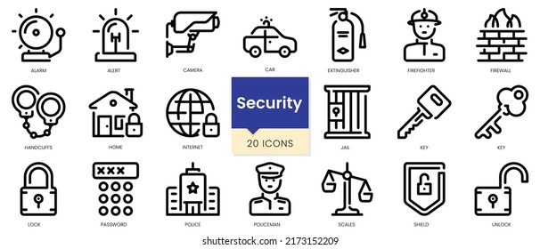 Simple Outline Set of security icons. Linear style icons pack. Vector illustration