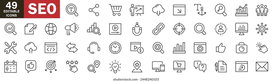 Simple Outline Set of SEO Icons. Thin Line Collection contains such Icons as synchronizing, target audience, target keywords, seo monitoring, performance, report and more on white background icons