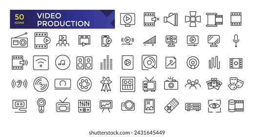 Einfache Gliederungsgruppe von Videoproduktionssymbolen Symbole im linearen Stil. Minimalistischer dünner linearer Web-UI-Symbolsatz. Vektorgrafik.