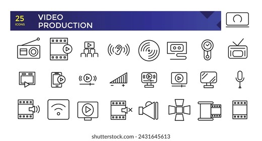 Conjunto de iconos de producción de vídeo. Paquete de iconos de estilo lineal. Conjunto de iconos de interfaz de usuario web lineal delgada minimalista. ilustración vectorial.