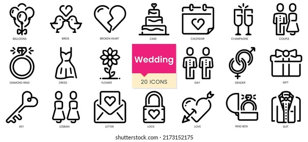 Conjunto de esquema simple de iconos de boda. Paquete de iconos de estilo lineal. Ilustración del vector