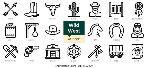 Simple Outline Set of wild west icons. Linear style icons pack. Vector illustration