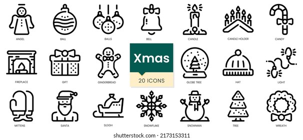 Simple Outline Set of xmas icons. Linear style icons pack. Vector illustration