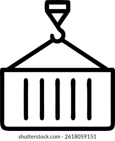 A simple outline of a shipping container hanging from a hook, depicting transport and logistics iconically