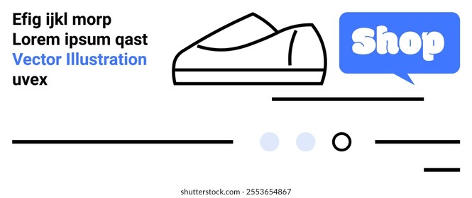 Simple outline of a shoe with a large Shop call to action button. Accompanied by dummy text and minimalistic icons. Ideal for e-commerce websites fashion and sales pages online stores and landing