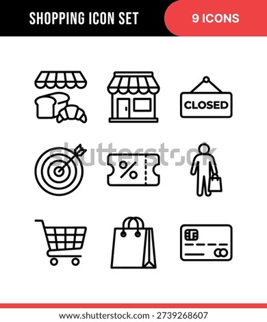 Simple Outline Shopping Icon Set with Storefront and Purchase Elements