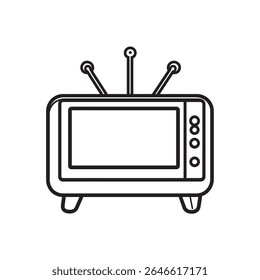 A simple outline shows an old-fashioned television with a rectangular screen, rabbit ears antenna, and three round buttons, all set against a transparent backdrop.