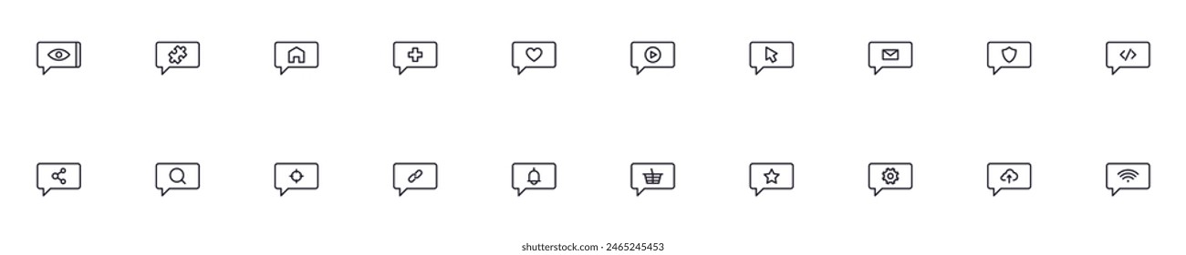 Simple outline signs of items in speech bubbles. Line icons suitable for web sites, apps, infographics