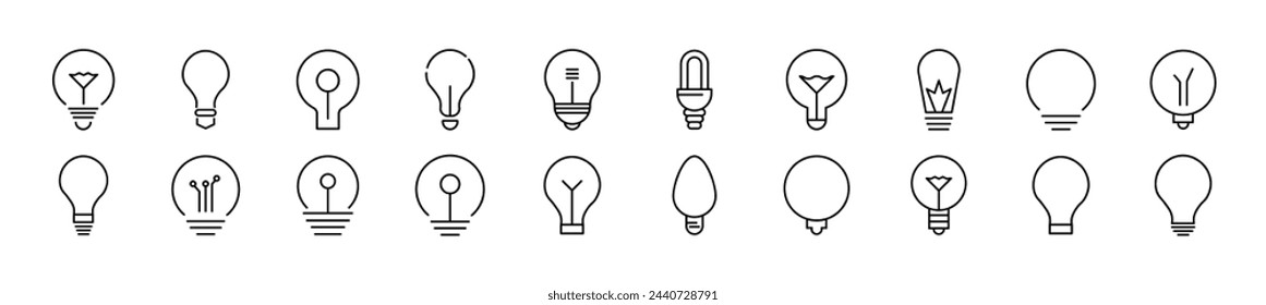 Simple outline signs of light bulbs. Editable stroke. Line icons for web sites, newspapers, articles book