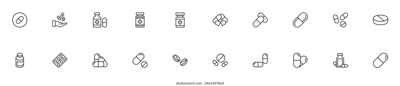 Simple outline signs of pills and medications. Line icons suitable for web sites, apps, infographics