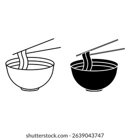Simple outline and silhouette image of Asian noodles with chopsticks. Suitable for food delivery, menu design, thematic websites and apps.