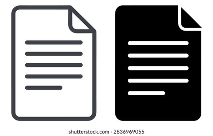 simple outline and solid black document file icons with folded corners and horizontal lines symbolizing text transparent background on transparent background
