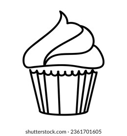 Simple outline of sponge cake muffin vector icon. Black line drawing or cartoon illustration of sweet snack isolated on white background. Food, desserts, confectionary concept