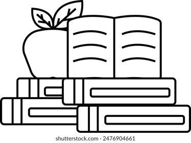 simple outline stack of books and apple back to school icon