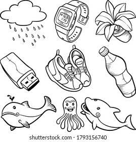 Simple outline stickers set. hand drawn doodle style with various item