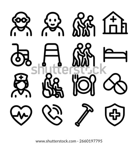 Simple Outline Stroke Care and Assistance Icon Set for Senior Living